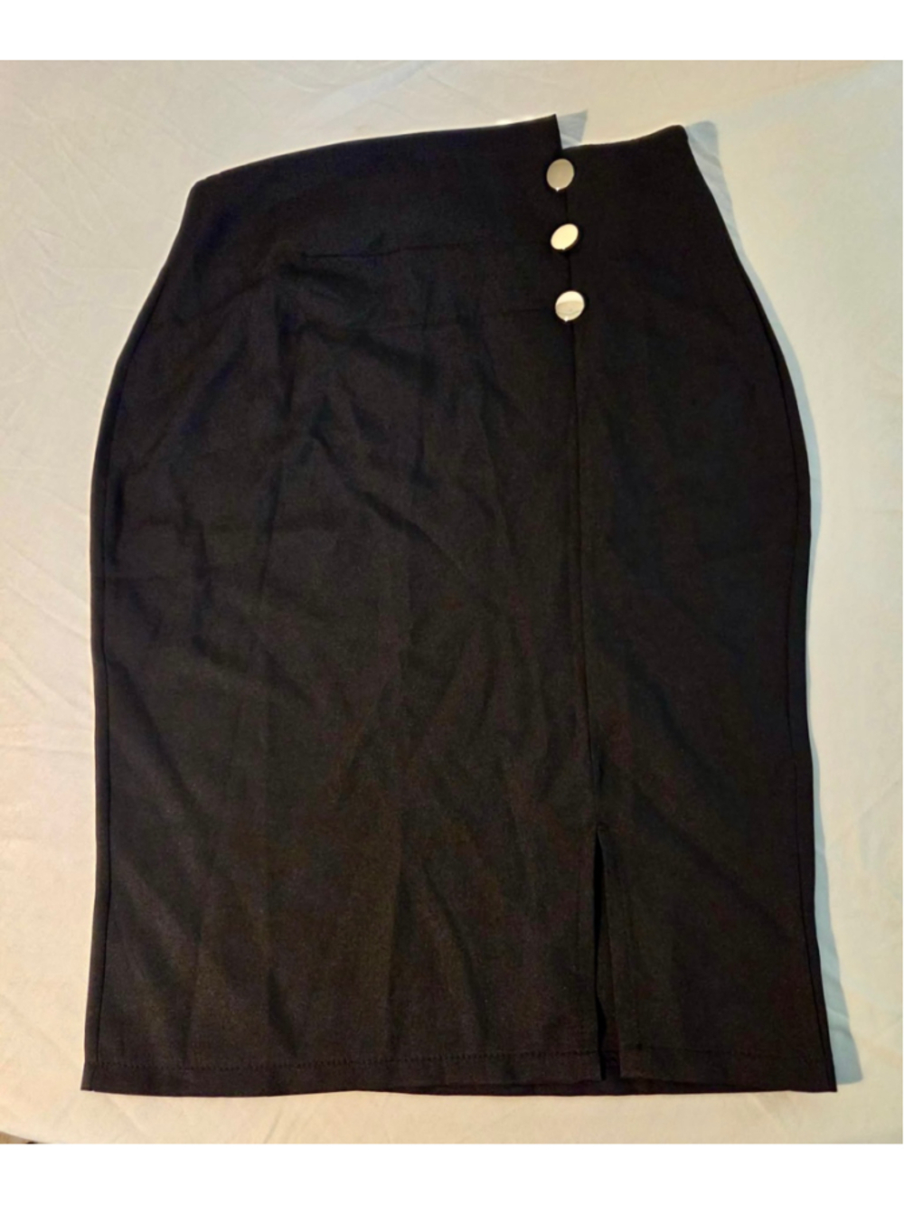 High Waisted Asymmetric Button Accent Pencil Skirt Front Slit Black Size L W-164